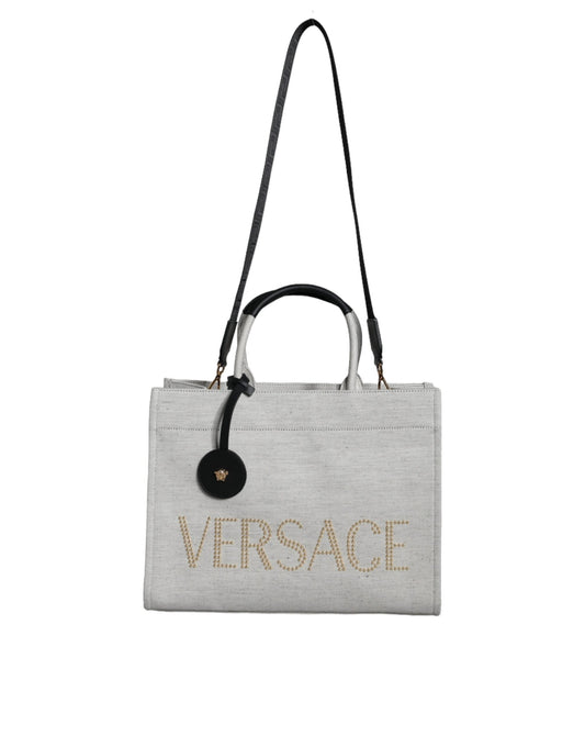 Versace White Top Handle Canvas Leather Logo Crossbody Tote Women's Bag