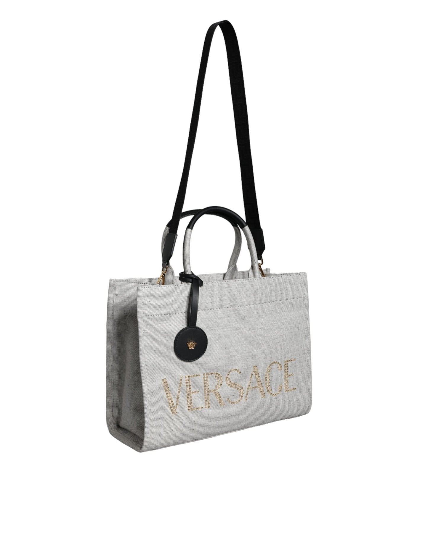 Versace White Top Handle Canvas Leather Logo Crossbody Tote Women's Bag