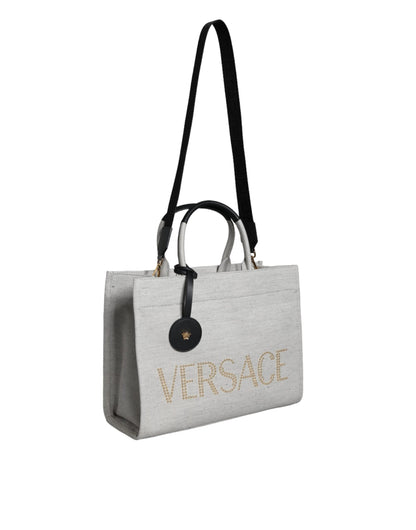 Versace White Top Handle Canvas Leather Logo Crossbody Tote Women's Bag