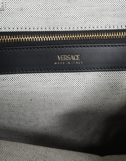 Versace White Top Handle Canvas Leather Logo Crossbody Tote Women's Bag