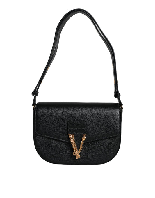 Versace Black Grainy Calf Leather Logo Crossbody Shoulder Women's Bag