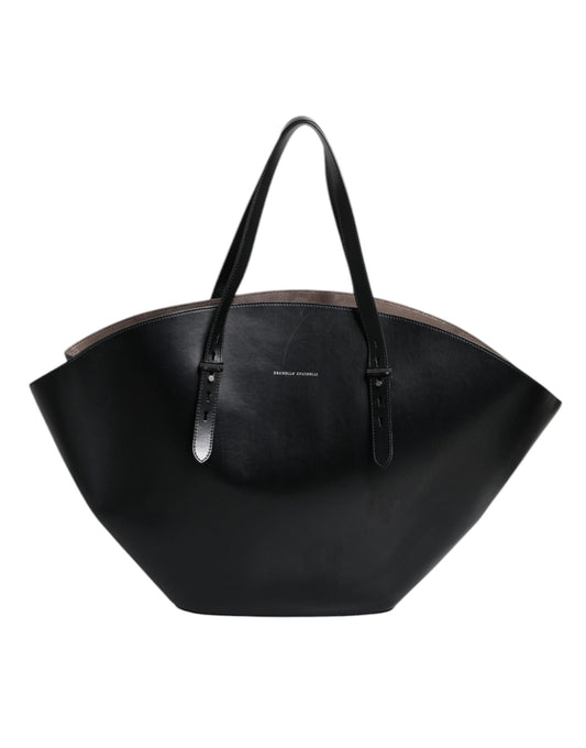 Brunello Cucinelli Black Leather Logo Shoulder Strap Shopping Tote Women's Bag (Pre-Owned)