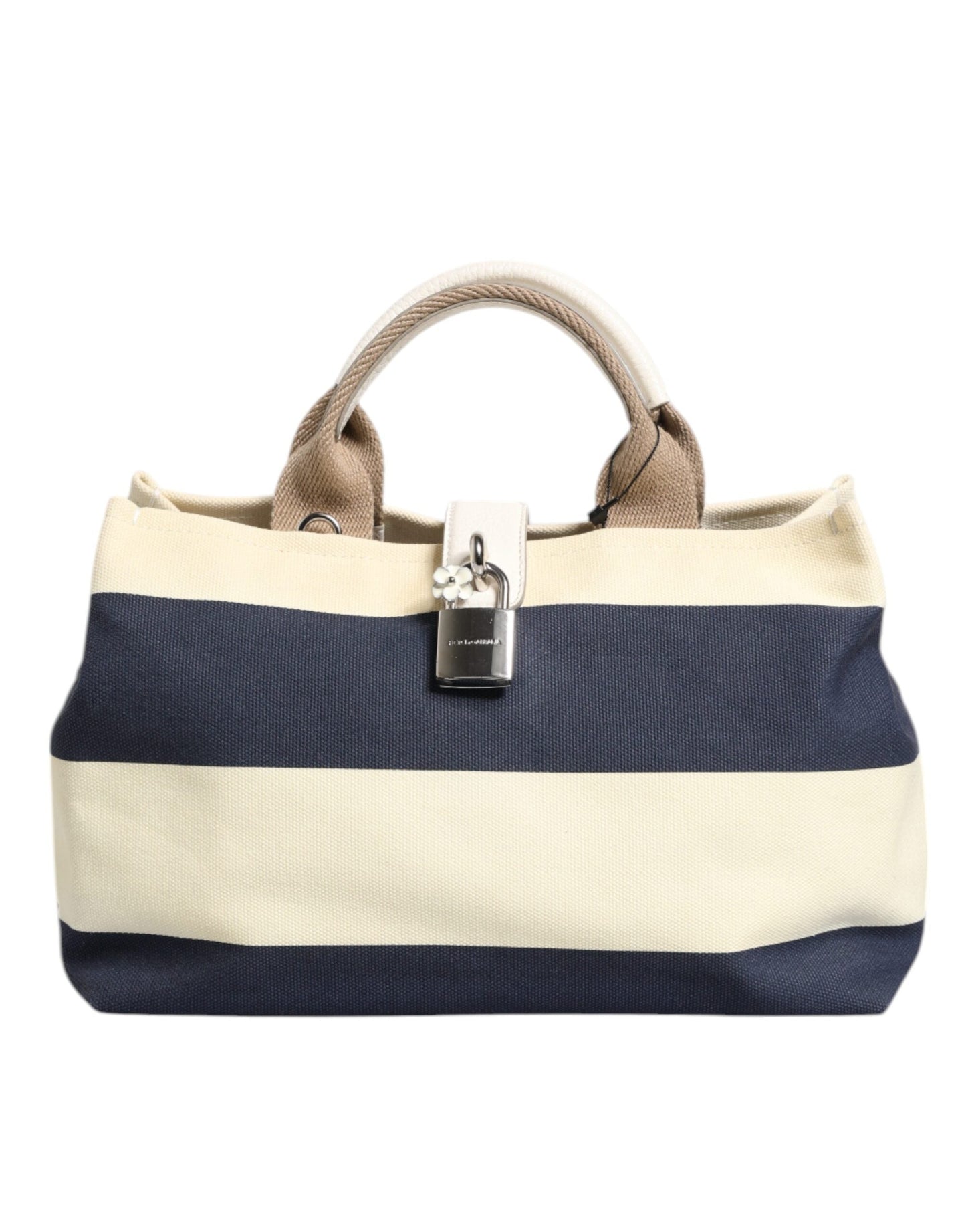 Dolce & Gabbana White Navy Striped Canvas Top Handle Tote Women's Bag (Pre-Owned)