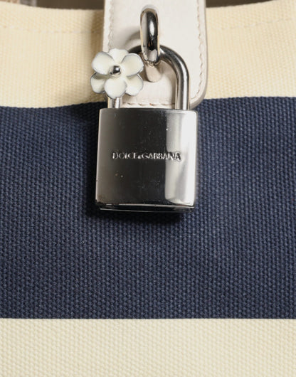 Dolce & Gabbana White Navy Striped Canvas Top Handle Tote Women's Bag (Pre-Owned)