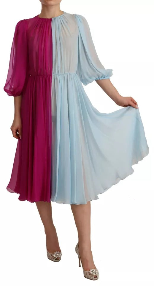 Dolce & Gabbana Fuchsia Light Blue Silk Two Tone Midi Women's Dress (Pre-Owned)