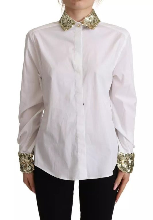 Dolce & Gabbana White Cotton Collared Long Sleeves Sequin Top Women's Shirt (Pre-Owned)