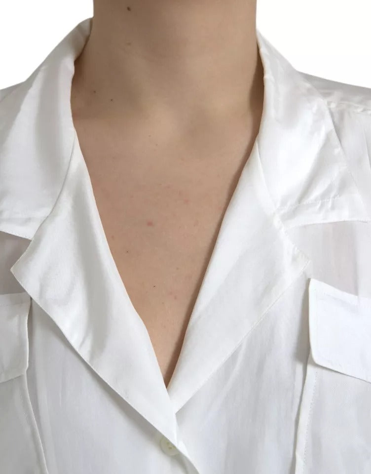 Dolce & Gabbana White Silk Collared 3/4 Sleeves Blouse Women's Top (Pre-Owned)