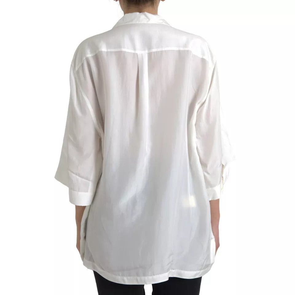 Dolce & Gabbana White Silk Collared 3/4 Sleeves Blouse Women's Top (Pre-Owned)