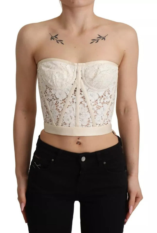 Dolce & Gabbana White Strapless Floral Lace Cropped Bustier Women's Top (Pre-Owned)