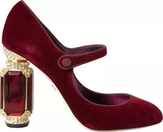 Dolce & Gabbana Red Velvet Gold Crystals Heels Mary Janes Women's Shoes (Pre-Owned)