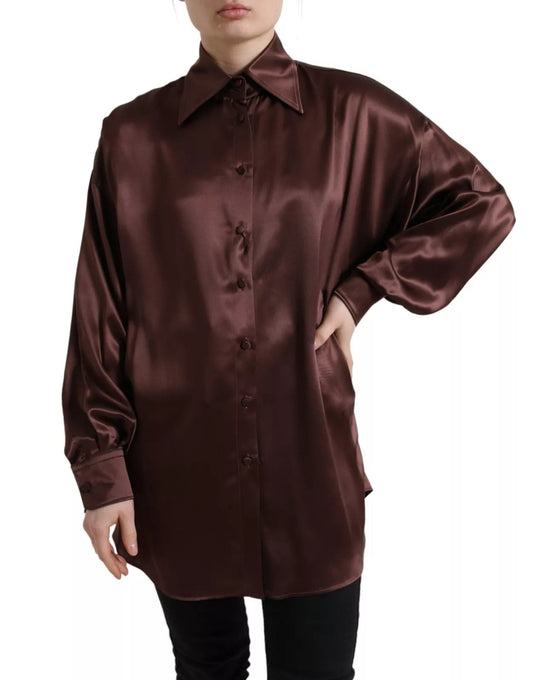 Dolce & Gabbana Brown Silk Collared Long Sleeves Top Women's Blouse (Pre-Owned)