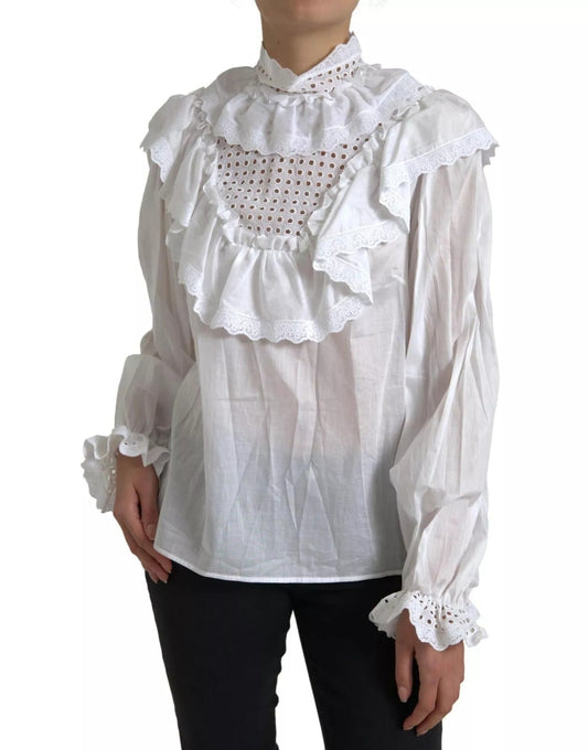 Dolce & Gabbana White Cotton Lace Trim Turtle Neck Women's Blouse (Pre-Owned)