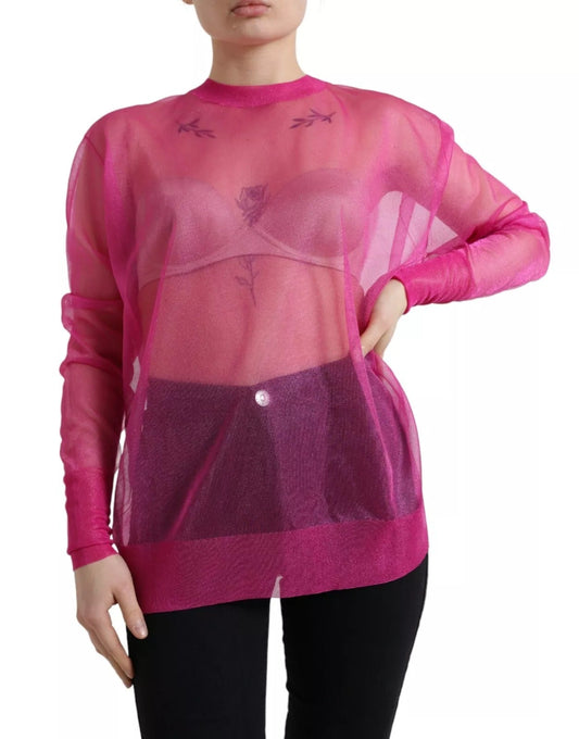 Dolce & Gabbana Pink Sheer Long Sleeves Crewneck Top Women's Blouse (Pre-Owned)