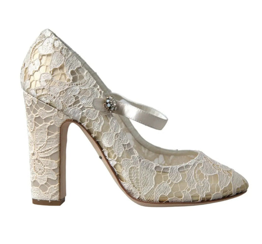 Dolce & Gabbana White Lace Crystals Heels Sandals Women's Shoes (Pre-Owned)