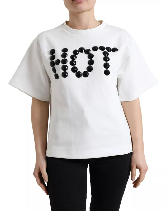 Dolce & Gabbana White Cotton Stretch Black HOT Crystal Women's T-shirt (Pre-Owned)