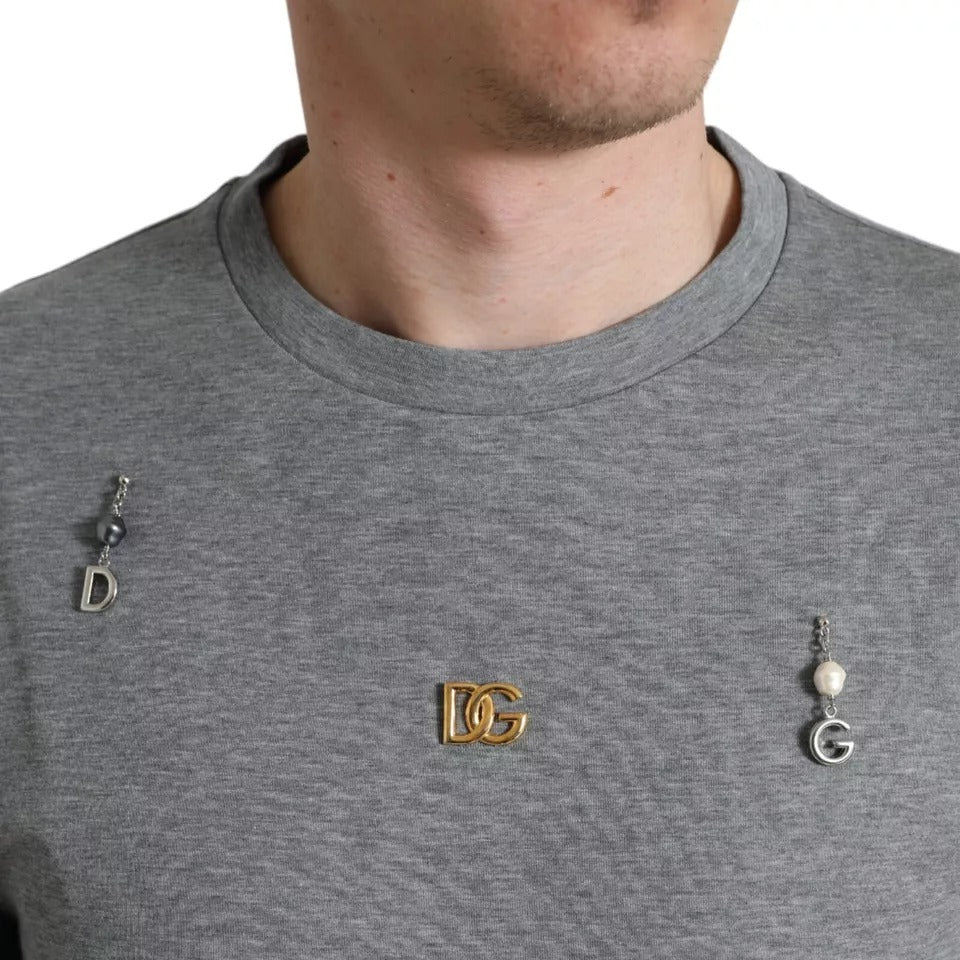 Dolce & Gabbana Gray Cotton Embellished Crew Neck  Men's T-shirt (Pre-Owned)