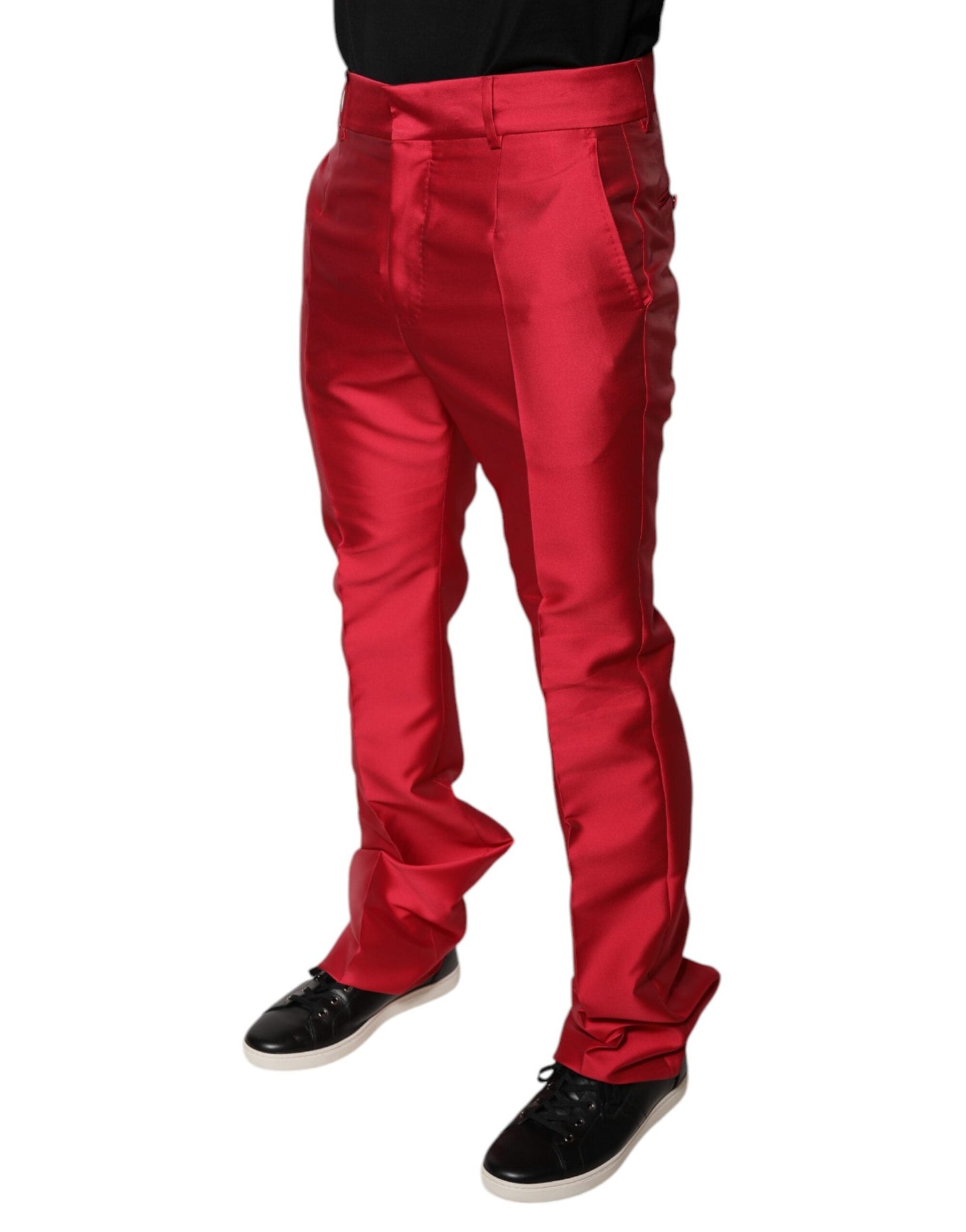 Dolce & Gabbana Red Silk Slim Fit Mid Waist Dress Formal Men's Pants (Pre-Owned)