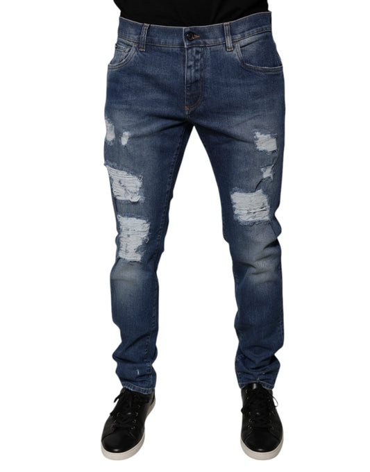 Dolce & Gabbana Blue Cotton Tattered Skinny Denim Men's Jeans