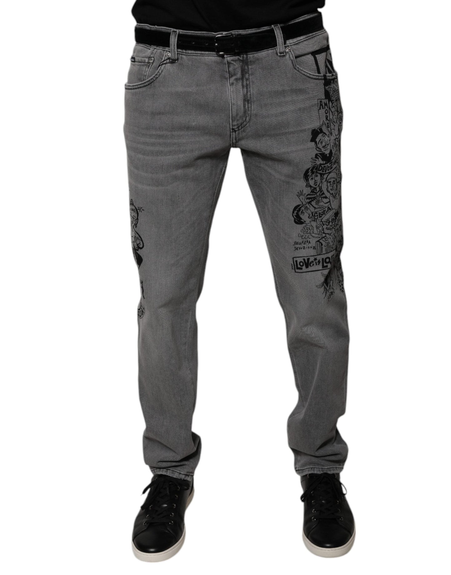 Dolce & Gabbana Gray Graphic Print Cotton Skinny Denim Men's Jeans