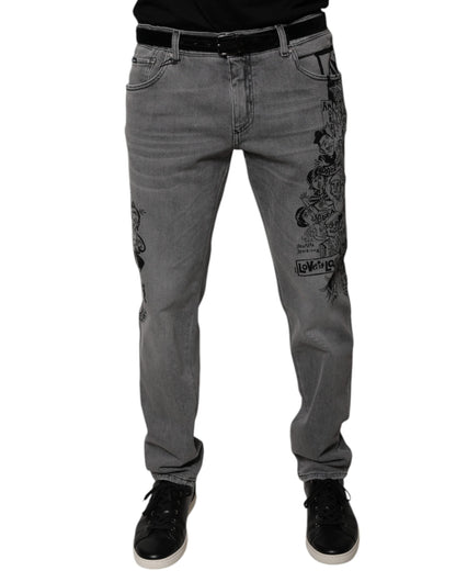 Dolce & Gabbana Gray Graphic Print Cotton Skinny Denim Men's Jeans