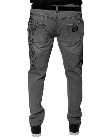 Dolce & Gabbana Gray Graphic Print Cotton Skinny Denim Men's Jeans