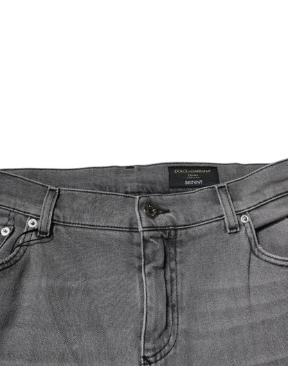 Dolce & Gabbana Gray Graphic Print Cotton Skinny Denim Men's Jeans
