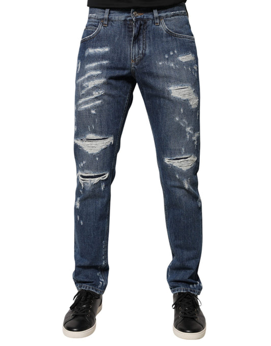 Dolce & Gabbana Blue Cotton Tattered Skinny Denim Men's Jeans