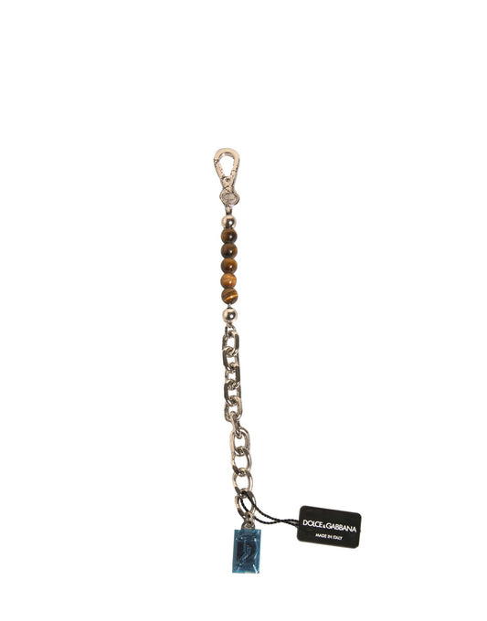 Dolce & Gabbana Silver Brass Chain Beaded Logo Plaque Keychain Women's Keyring (Pre-Owned)
