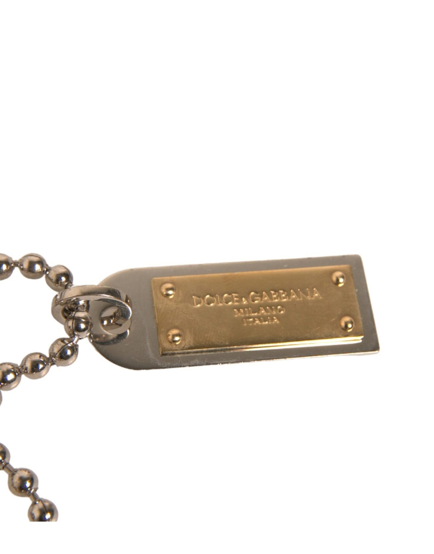 Dolce & Gabbana Silver Brass Chain Beaded Logo Plaque Keychain Women's Keyring