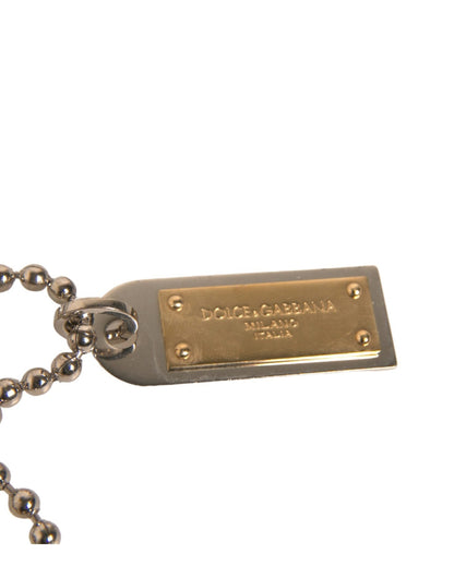 Dolce & Gabbana Silver Brass Chain Beaded Logo Plaque Keychain Women's Keyring
