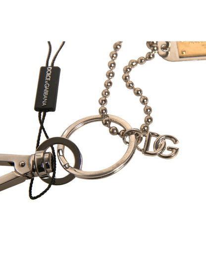 Dolce & Gabbana Silver Brass Chain Beaded Logo Plaque Keychain Women's Keyring