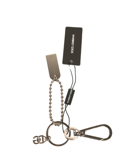Dolce & Gabbana Silver Brass Chain Beaded Logo Plaque Keychain Women's Keyring