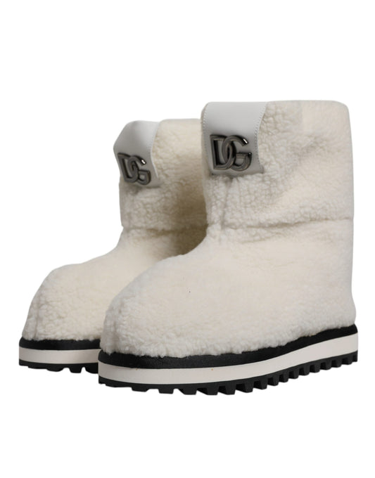 Dolce & Gabbana White Plush Logo Padded Mid Calf Boots Men's Shoes