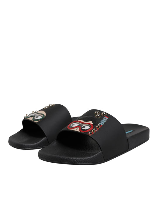 Dolce & Gabbana Black Divers Leather Flats Slides Sandals Beachwear Men's Shoes