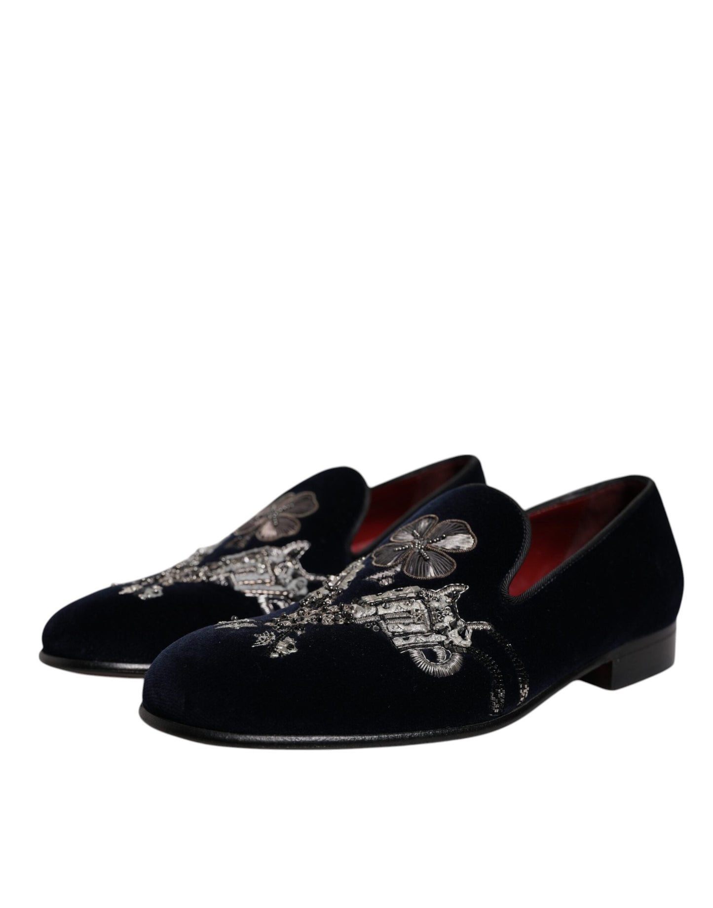 Dolce & Gabbana Black Velvet Floral Gun Loafers Dress Men's Shoes
