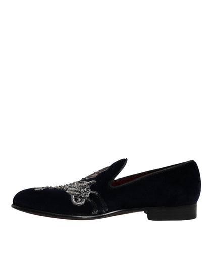 Dolce & Gabbana Black Velvet Floral Gun Loafers Dress Men's Shoes