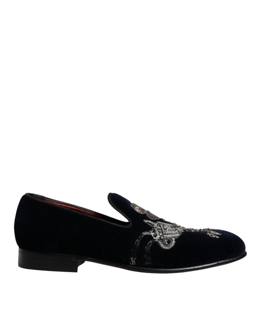 Dolce & Gabbana Black Velvet Floral Gun Loafers Dress Men's Shoes