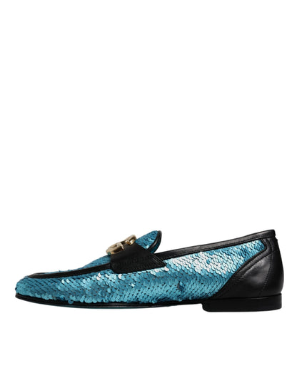 Dolce & Gabbana Blue Sequined Loafers Formal Dress Men's Shoes