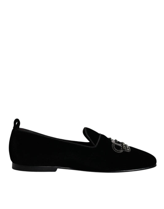 Dolce & Gabbana Black Velvet Crystal Crown Loafers Formal Dress Men's Shoes