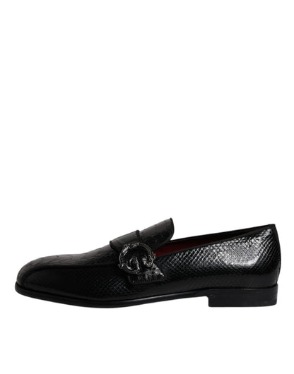 Dolce & Gabbana Black Exotic Leather DG Logo Loafers Formal Dress Men's Shoes