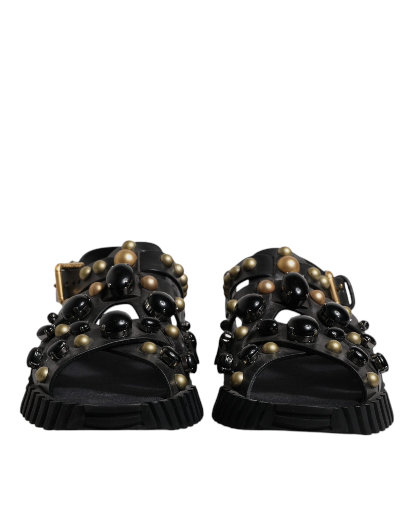 Dolce & Gabbana Black Leather Studded Slides Sandals Men's Shoes
