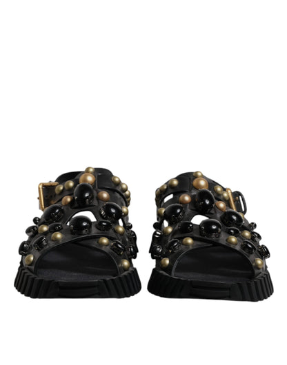 Dolce & Gabbana Black Leather Studded Slides Sandals Men's Shoes