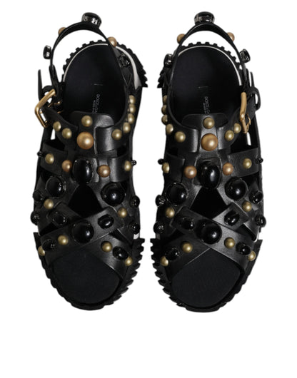 Dolce & Gabbana Black Leather Studded Slides Sandals Men's Shoes