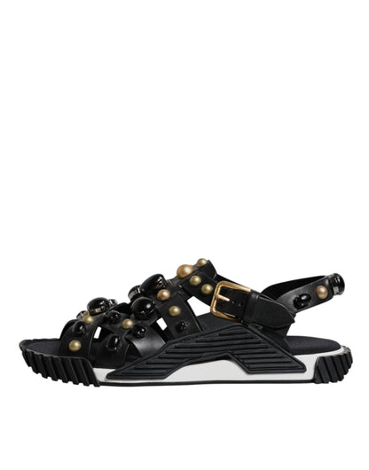 Dolce & Gabbana Black Leather Studded Slides Sandals Men's Shoes