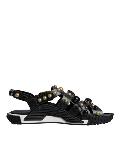 Dolce & Gabbana Black Leather Studded Slides Sandals Men's Shoes