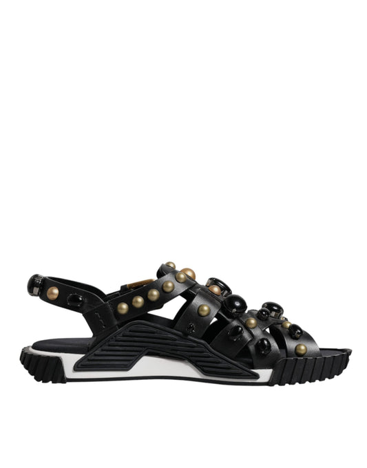 Dolce & Gabbana Black Leather Studded Slides Sandals Men's Shoes