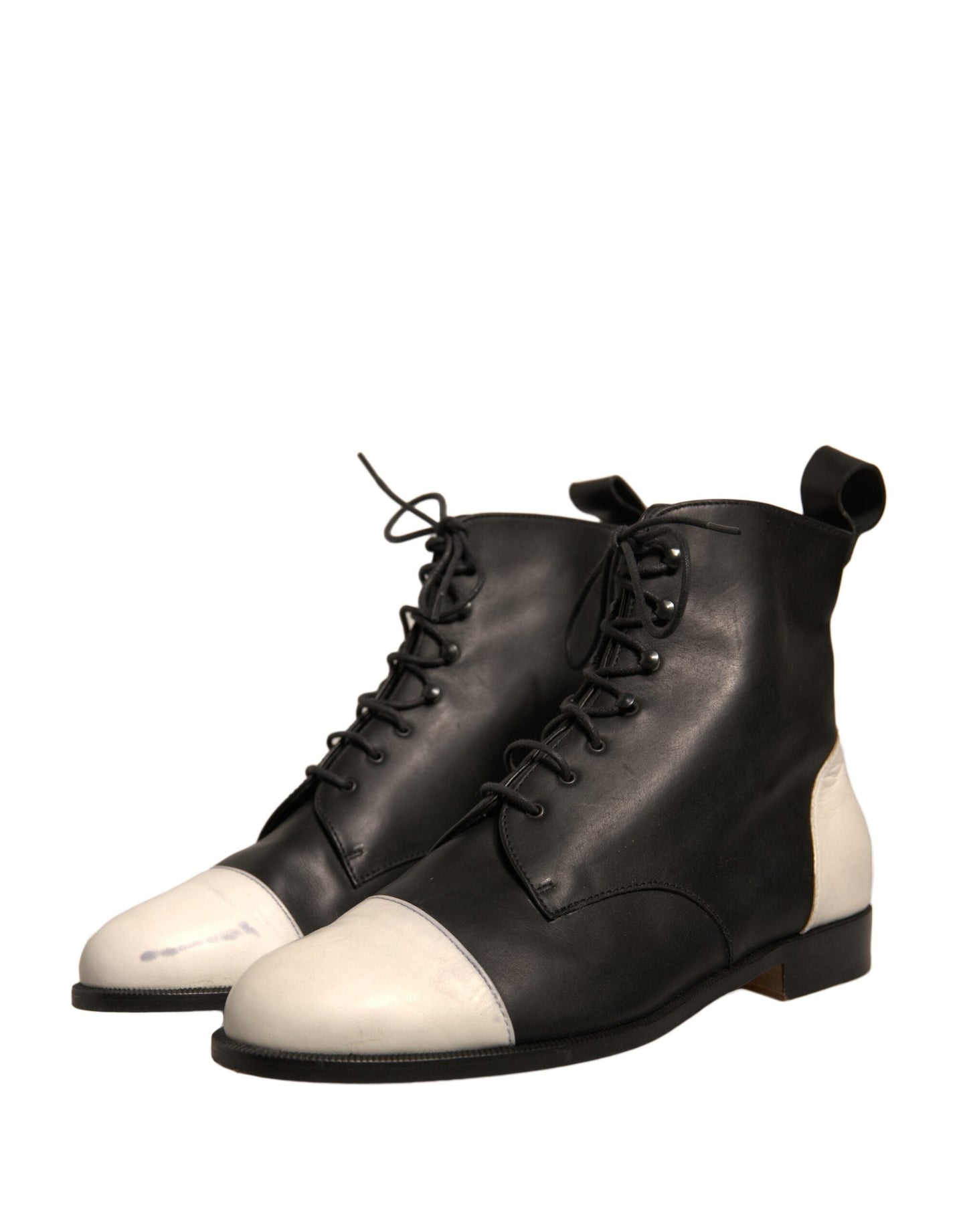 Sergio Rossi Black White Leather Lace Up Flats Ankle Boots Women's Shoes (Pre-Owned)