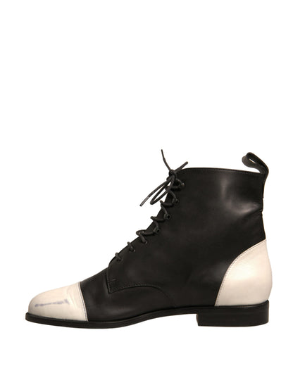 Sergio Rossi Black White Leather Lace Up Flats Ankle Boots Women's Shoes (Pre-Owned)