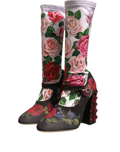 Dolce & Gabbana Black Floral Socks Crystal Boots Jersey Women's Shoes