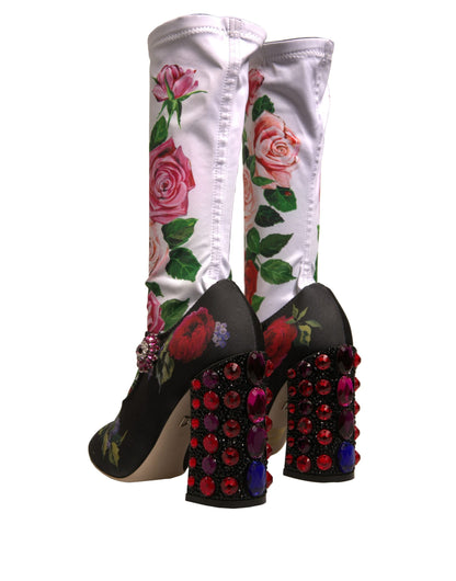 Dolce & Gabbana Black Floral Socks Crystal Boots Jersey Women's Shoes